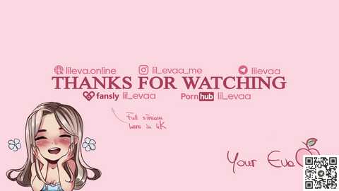 A digital drawing featuring a pink background with a smiling, anime-style girl in a blue dress, holding a pink flower. Text reads: \"Thank you for watching\" with social media icons.