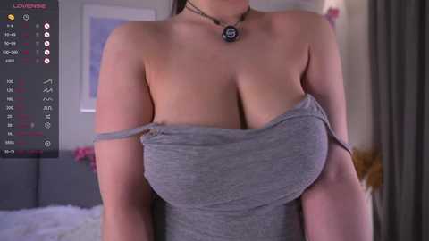 Media: Video of a light-skinned woman with large breasts, wearing a tight grey dress, exposing cleavage. Background shows a bed with a pink blanket and a framed picture.