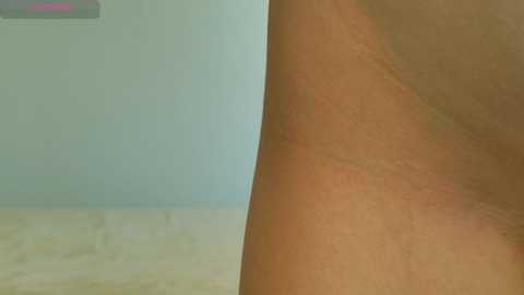 Video of a close-up of a person's thigh with light skin tone, showing stretch marks and a slight curve. The background features a light blue wall and a beige floor.