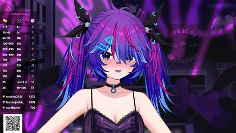 This is a vibrant, anime-style digital illustration of a young woman with purple hair, black horns, and blue eyes, wearing a black lace dress. The background features neon lights and cityscape elements.