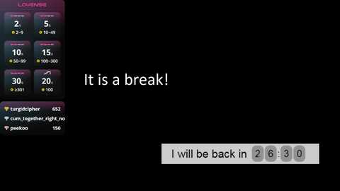 A digital screenshot from a video game. Left: 3D grid with 6x6 squares, showing health, armor, and gold. Right: Black background with white text: \"it is a break!\" and \"I will be back in 2 8 0 0.\