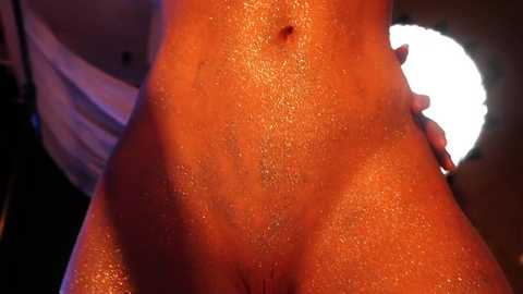 Video of a naked person with a light brown complexion, wet skin glistening under warm lighting, focusing on their torso and pubic area, with a hand resting on their hip.