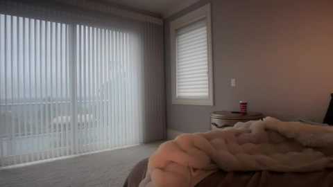 A video of a serene bedroom with soft light filtering through vertical blinds. The room features a beige carpet, a bed with a light blanket, and a wooden nightstand with a red and white can.