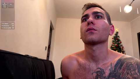 Video of a shirtless, tattooed man with short brown hair, looking serious, in a cozy, softly lit room with a Christmas tree in the background.