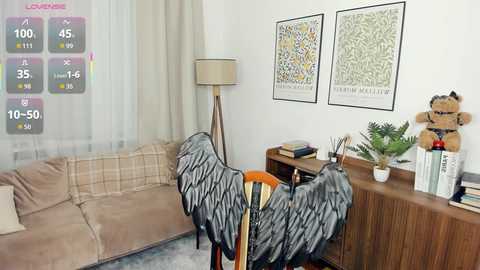 A video of a cozy living room with a plaid sofa, a faux feathered chair, a wooden cabinet, potted plants, and framed artwork. A digital overlay shows a \"Lost City\" game with a score of 10-50.