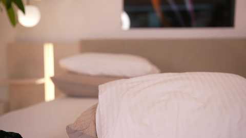 Video of a modern, minimalist bedroom with beige walls, a bed covered in white sheets, and a potted plant in the background. The room is softly lit with ambient lighting.