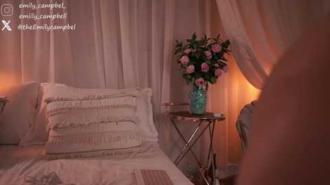Video of a cozy bedroom with a beige bed, ruffled pillows, a blue vase of pink flowers, and a warm, ambient light.