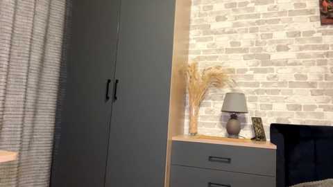 A video of a modern bedroom featuring a grey cabinet, wooden drawers, a grey lampshade, and a brick-patterned wallpaper.