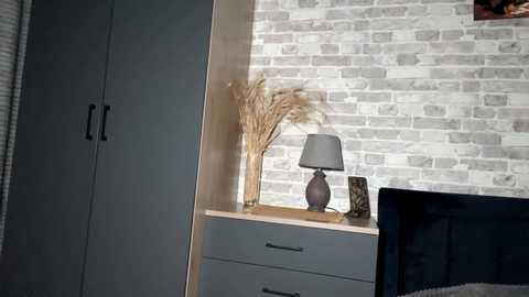 Video of a minimalist bedroom corner with a wooden dresser, grey lamp, beige vase, and white brick wall.