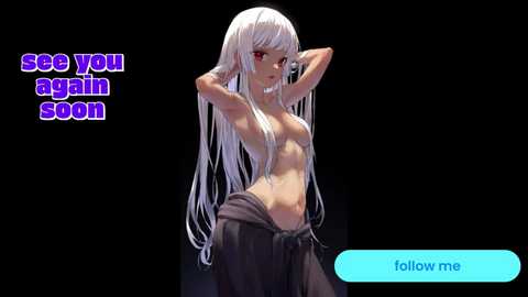 Digital anime-style drawing of a topless white-haired woman with red eyes, wearing a gray skirt, against a black background. Text overlay: \"See you again soon.\