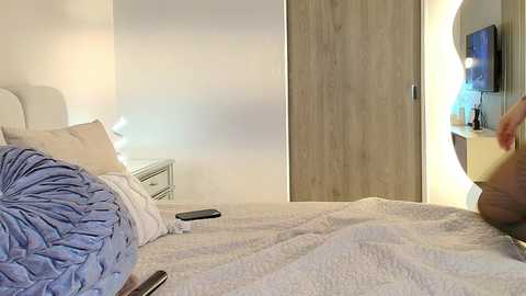 A video of a modern bedroom with a bed covered in a blue quilt, a nightstand with a lamp, and a large mirror with a circular frame.