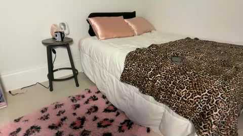 Video of a small, cozy bedroom with a white bed covered in leopard-print bedding, two pink pillows, a black nightstand with a white lamp, and a pink furry rug.