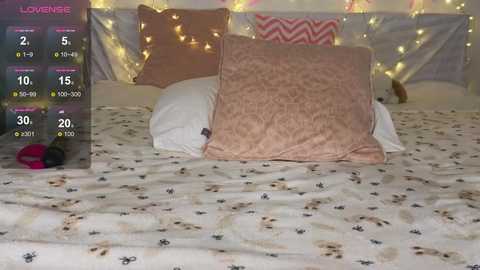 Media: Video of a cozy bedroom with a pink and beige patterned pillow on a white bedspread, fairy lights, and a digital thermometer display on the left.