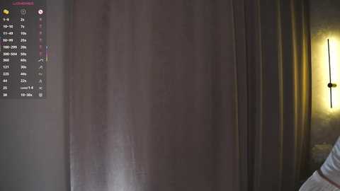 Media: Video of a dimly lit room with a large, textured, brown curtain covering the wall. A digital display panel on the left shows various settings and temperatures. A person wearing a gray shirt is partially visible on the right.