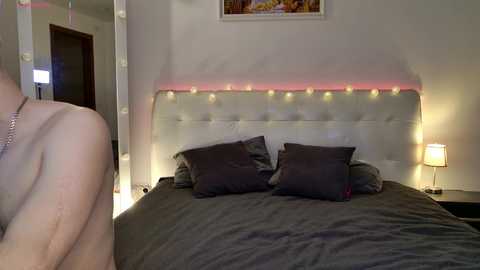 Video of a modern bedroom with a white tufted headboard, two pillows, and a gray bedspread. Fairy lights are strung along the headboard. A mirror on the left reflects part of the room.