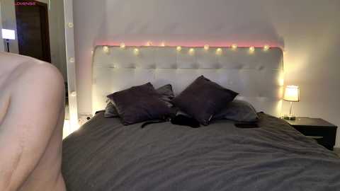 Media: Video of a modern, dimly lit bedroom featuring a gray tufted headboard, dark pillows, and a cozy bedside lamp.