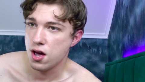 Video of a young, fair-skinned, shirtless man with short brown hair, looking surprised or shocked, in a bathroom with blue and green tiled walls.
