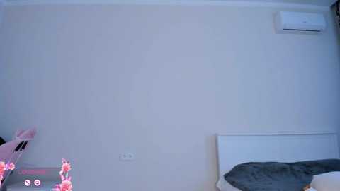A video of a minimalist bedroom with a white wall, an air conditioner, and a bed with a gray blanket. A pink teddy bear and a sticker with a cat are on the left side.