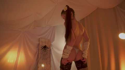 Video of a slender, fair-skinned woman with long, brown hair, wearing a sheer top, white panties, and thigh-high stockings, standing in a dimly lit tent with beige and white drapes.