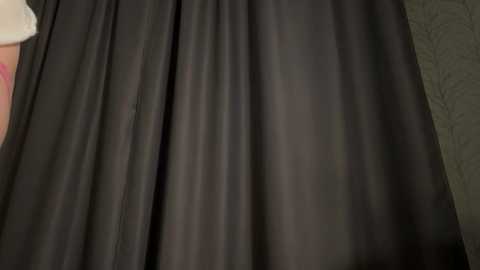 Media: Video of a person's legs in black, flowing, satin-like fabric, possibly a skirt, partially covering the lower body. The background features a textured, muted green wall with subtle patterns. The image captures a stylish, modern, and elegant attire.