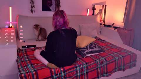 Video of a young woman with purple hair sitting cross-legged on a bed with a red plaid blanket, surrounded by modern decor and a cat.