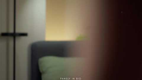 Video of a blurred, dimly lit room with a dark green sofa, beige wall, and a vertical window with curtains. The image is slightly out of focus, giving it a dreamy, atmospheric feel.