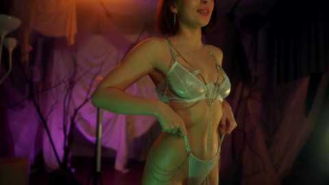 Video of a slender, light-skinned woman with auburn hair, wearing a revealing, metallic silver lingerie set, standing indoors under dim, multi-colored lighting. Background includes abstract art and dark, shadowy figures.