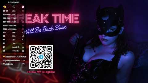Video of a woman in a black leather mask and corset, holding a whip, in a dimly lit room with \"Break Time\" neon sign and QR code.