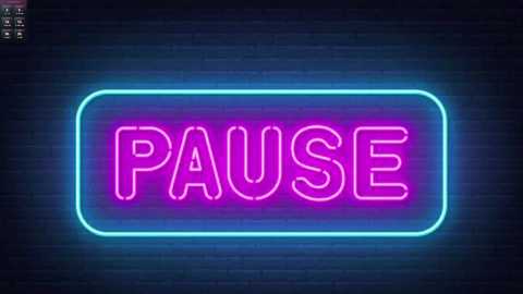 Video of a neon sign with \"PAUSE\" in pink and blue letters against a dark brick wall, glowing brightly.