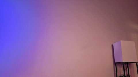 A video of a plain, light beige wall with a soft, purple-blue gradient on the left side. In the right corner, a modern white lamp with three black legs stands against the wall.