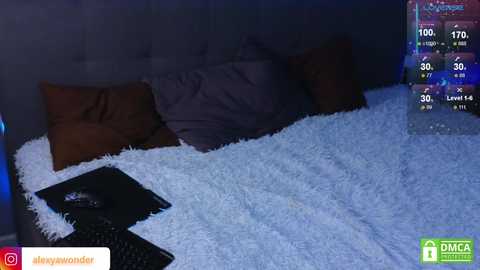 Video of a dimly lit bedroom with a plush white rug, a tufted headboard, brown pillows, a black keyboard, and a digital screen displaying \"100\" on the right.