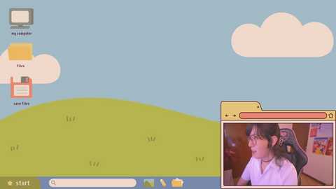 A screenshot of a Windows 98 desktop with a pastel sky, grassy hills, and clouds, featuring a smiling woman in a white shirt and glasses, and a yellow folder on the right.