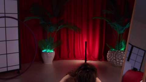 Video of a dimly lit room with a red curtain backdrop. Central focus is a white table with a black candle, surrounded by green potted plants. A person with long brown hair sits at the table, partially obscured by the plants.