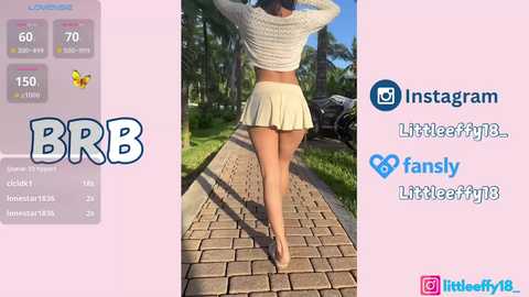 Video of a woman with light skin, wearing a white crop top and short skirt, walking on a brick path. Social media icons on the right.