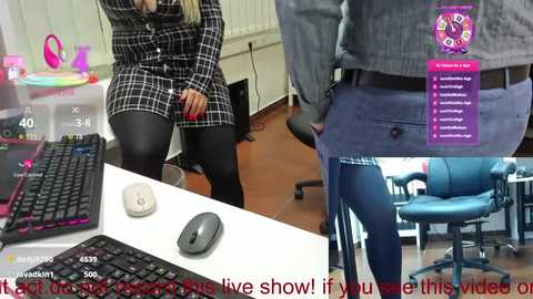 Video collage featuring two women in black plaid dresses, a man in jeans, and a blue office chair; overlay text reads \"Live show if you want to watch the video.\