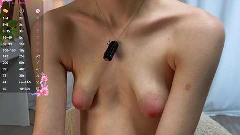 A video of a topless, fair-skinned woman with small, perky breasts, wearing a dog tag necklace. Background includes a digital screen displaying gaming stats and a soft, blurred curtain.