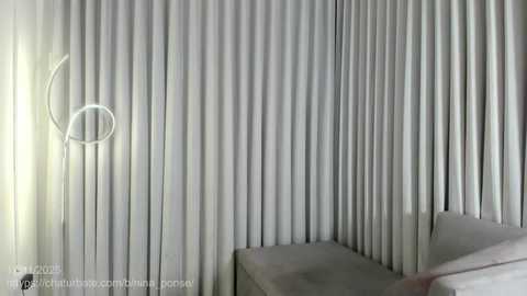 Video of a minimalist bedroom with white vertical blinds covering the window, a white wall-mounted light fixture on the left, and a white bed with white bedding in the right corner.