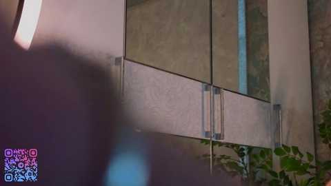 Video of a modern glass-walled building with a vertical metal railing, blurred greenery in the foreground, and a QR code in the bottom left corner.