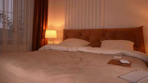 Video of a cozy, well-lit bedroom with a tufted brown headboard, white pillows, beige bedspread, a wooden nightstand with a lamp, sheer curtains, and a partially open window.