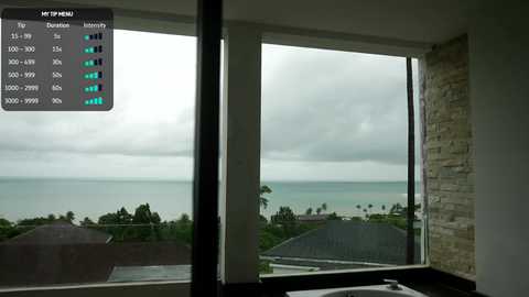 Video of a modern living room with large windows showcasing a cloudy sky, turquoise sea, and distant tropical landscape. A digital display in the top left corner shows device usage stats.