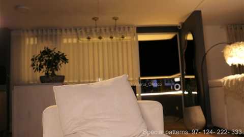 Video of a modern, dimly-lit living room with a white armchair, beige curtains, potted plant, and a white lampshade on the right.