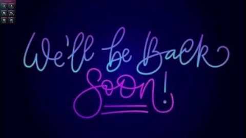 Video of a neon sign with glowing blue and pink script: \"We'll be back soon!\" against a dark blue background.
