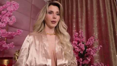 Video of a blonde woman with long, wavy hair, wearing a satin robe, in a room adorned with pink cherry blossoms and golden curtains.