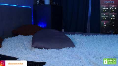 Video of a cozy, dimly-lit room with a white, plush rug, a gray pillow, a brown cushion, and a black keyboard on the floor. The background features a television screen displaying a gaming interface.