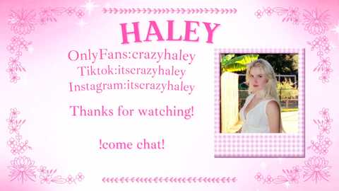 A digitally created, pink-themed poster featuring a photo of a blonde woman in a white dress, surrounded by floral and text elements, announcing Haley's OnlyFans, TikTok, Instagram, and gratitude for views.