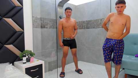 Video of two shirtless young men in black and blue boxer briefs, standing in a modern bathroom with grey tiled walls and a blue couch.