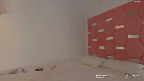 Video of a minimalist bedroom with a large, hexagonal, pink wall panel adorned with small, metallic squares. The bed has white sheets, two pillows, and a book on the floor.