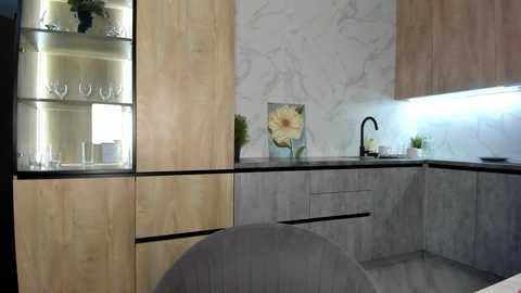 Video of a modern kitchen featuring light wood cabinets, a black countertop, a marble backsplash, a silver faucet, a vase with a yellow flower, and a gray chair.