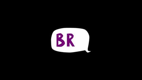 Media: A digital image featuring a white speech bubble with bold, purple capital letters \"BR\" against a solid black background. The bubble shape and text have a playful, cartoonish appearance.