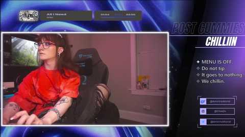 A video of a woman in a red dress sitting at a gaming chair in a dimly lit room, with a menu on the right listing options.